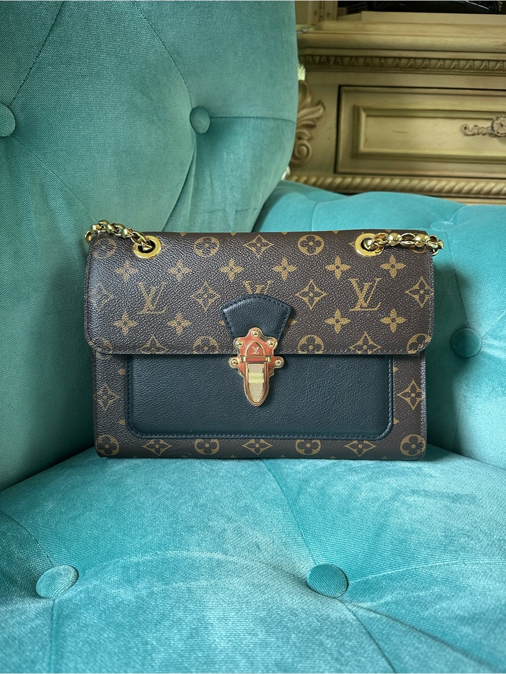 Louis Vuitton Brown Monogram Crossbody with Black Front Panel and Gold Chain